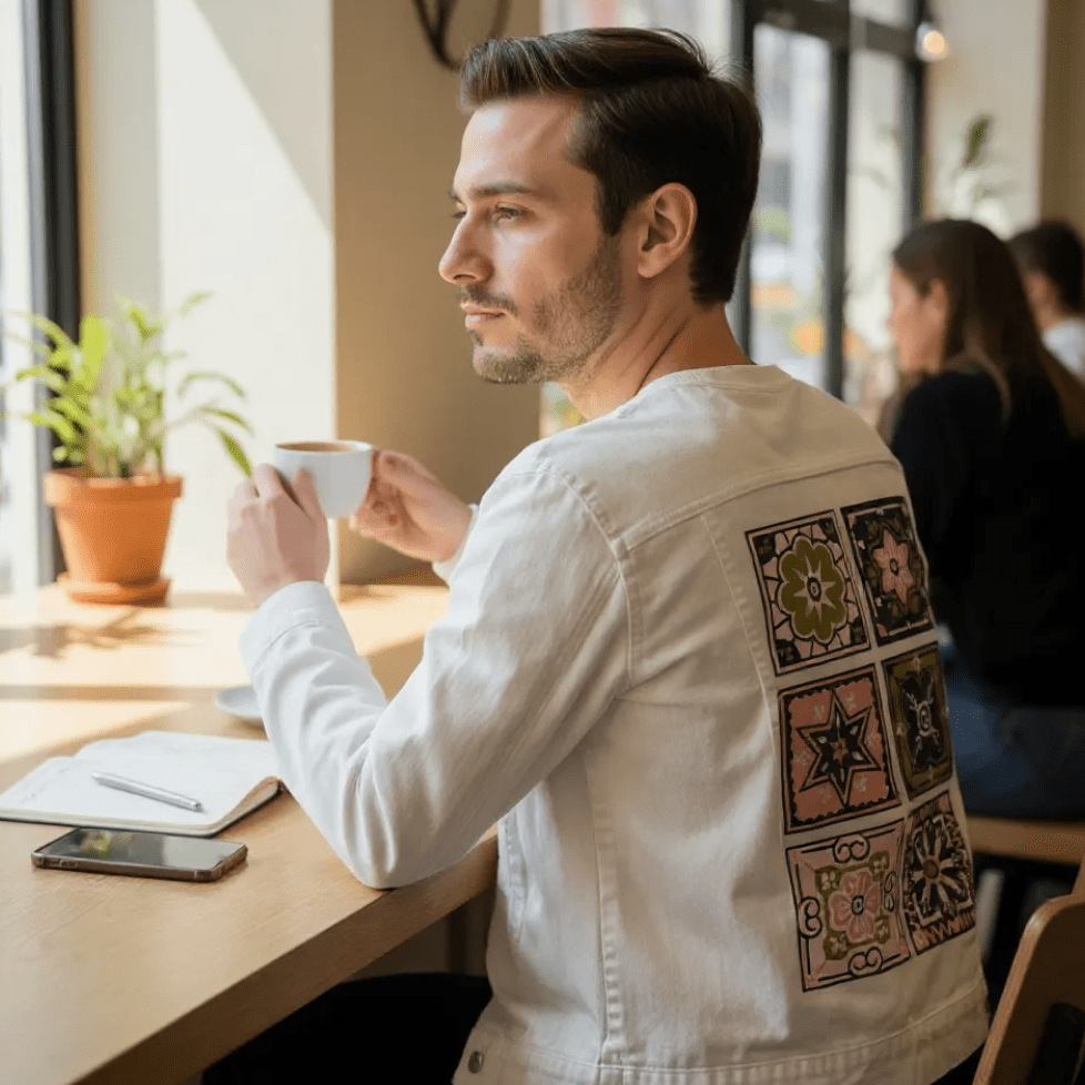 Printed Denim Jacket TALAVERA MEXICAN TILE by CatCoq printed by DenimINK on hand-crafted Denim Jackets & other Denim products. 3 colors: Stonewash, White, Black. Unisex XS-3X. USA printed