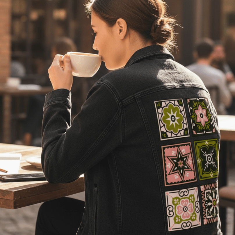 Printed Denim Jacket TALAVERA MEXICAN TILE by CatCoq printed by DenimINK on hand-crafted Denim Jackets & other Denim products. 3 colors: Stonewash, White, Black. Unisex XS-3X. USA printed