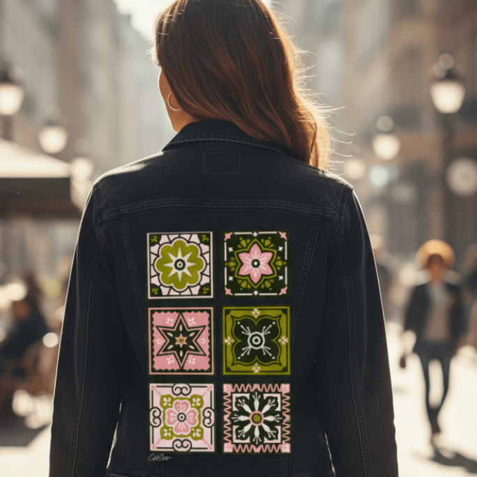 Printed Denim Jacket TALAVERA MEXICAN TILE by CatCoq printed by DenimINK on hand-crafted Denim Jackets & other Denim products. 3 colors: Stonewash, White, Black. Unisex XS-3X. USA printed