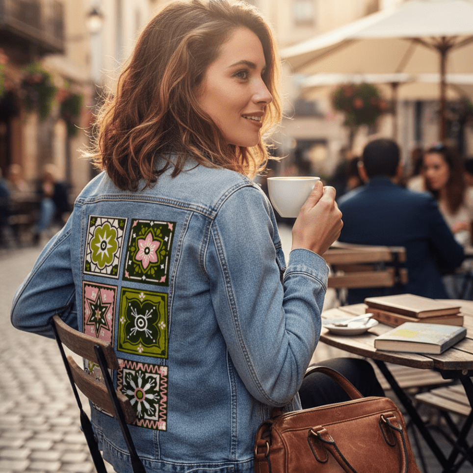Printed Denim Jacket TALAVERA MEXICAN TILE by CatCoq printed by DenimINK on hand-crafted Denim Jackets & other Denim products. 3 colors: Stonewash, White, Black. Unisex XS-3X. USA printed