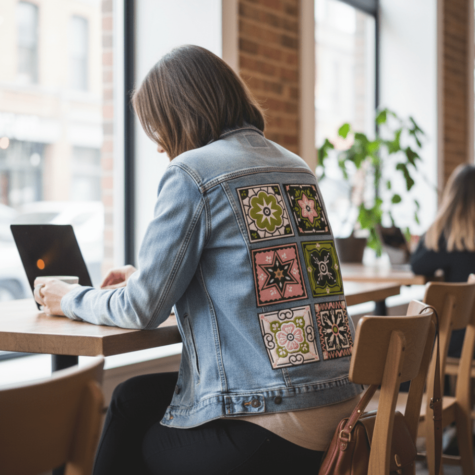 Printed Denim Jacket TALAVERA MEXICAN TILE by CatCoq printed by DenimINK on hand-crafted Denim Jackets & other Denim products. 3 colors: Stonewash, White, Black. Unisex XS-3X. USA printed