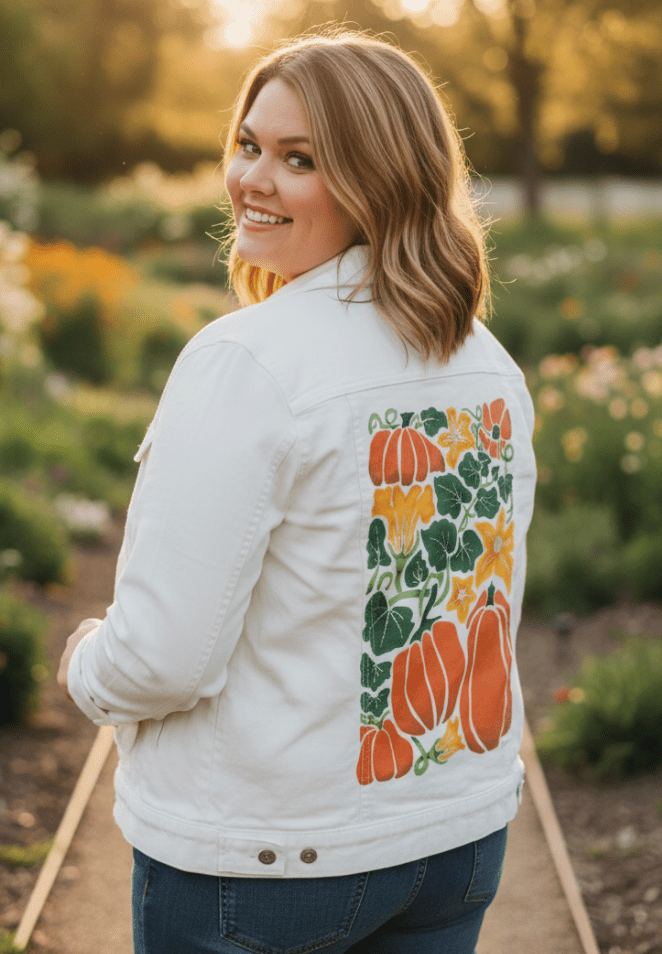 PUMPKIN by KITSCH AND CURATE, printed on denim jackets and other denim products: tote bags, throw pillows, table place mats, aprons