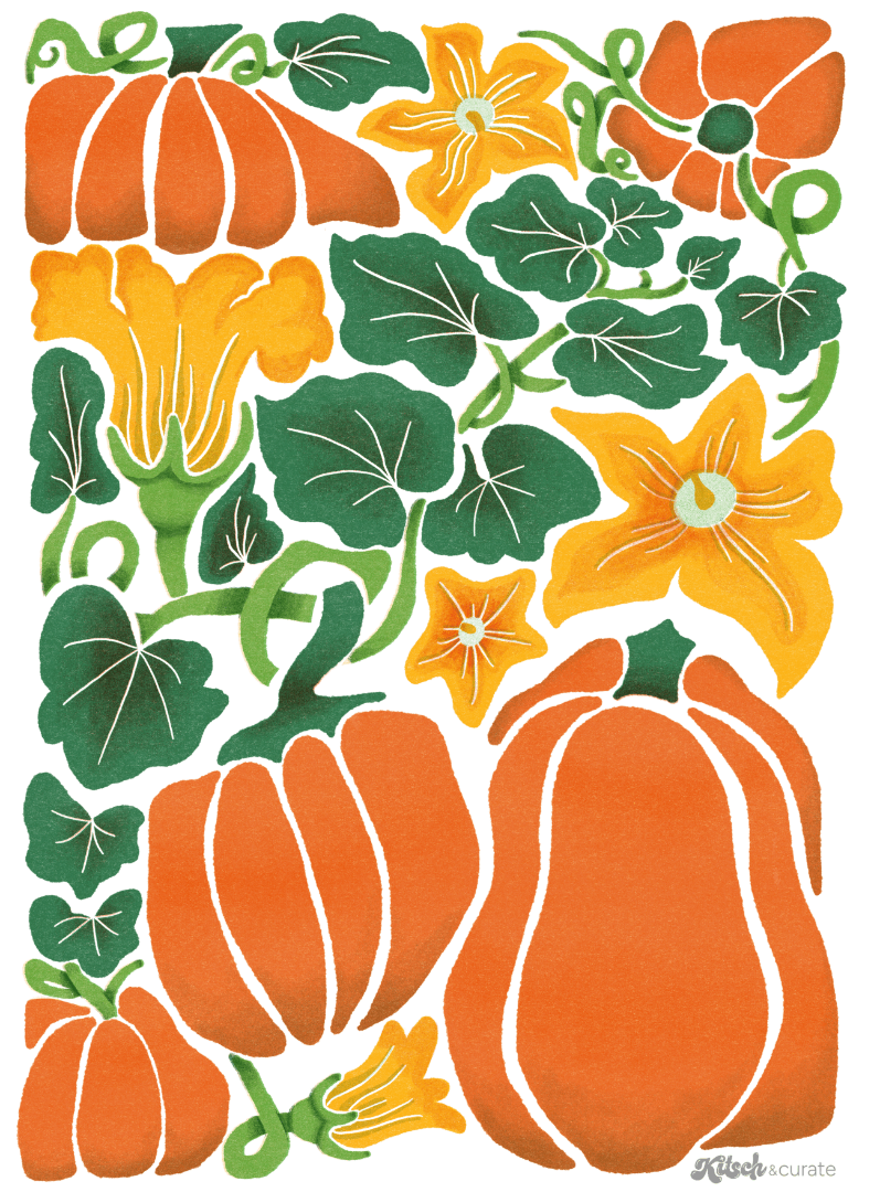 PUMPKIN by KITSCH AND CURATE, printed on denim jackets and other denim products: tote bags, throw pillows, table place mats, aprons