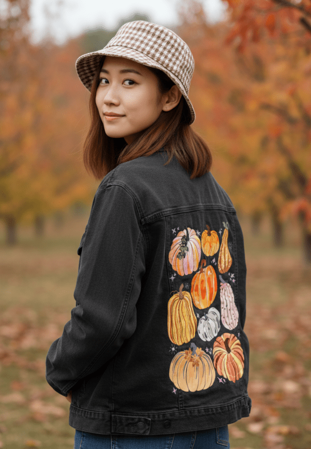 PUMPKINS GALORE by thearticsoul, printed on denim jackets and other denim products: tote bags, throw pillows, table place mats, aprons