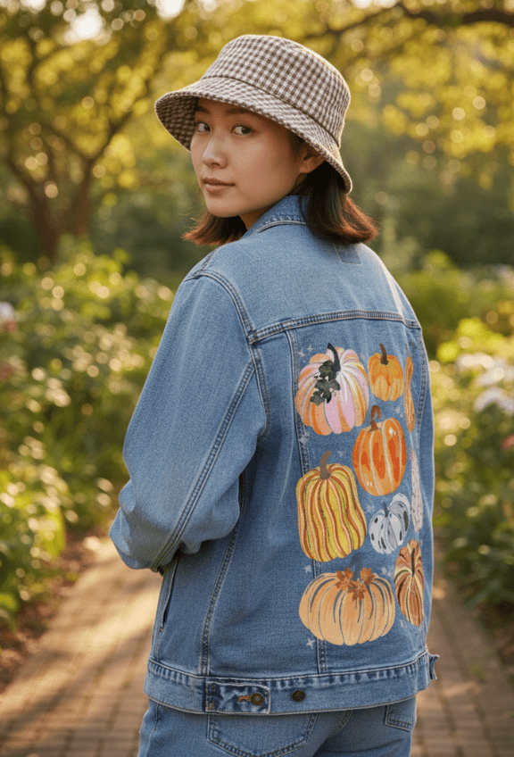 PUMPKINS GALORE by thearticsoul, printed on denim jackets and other denim products: tote bags, throw pillows, table place mats, aprons