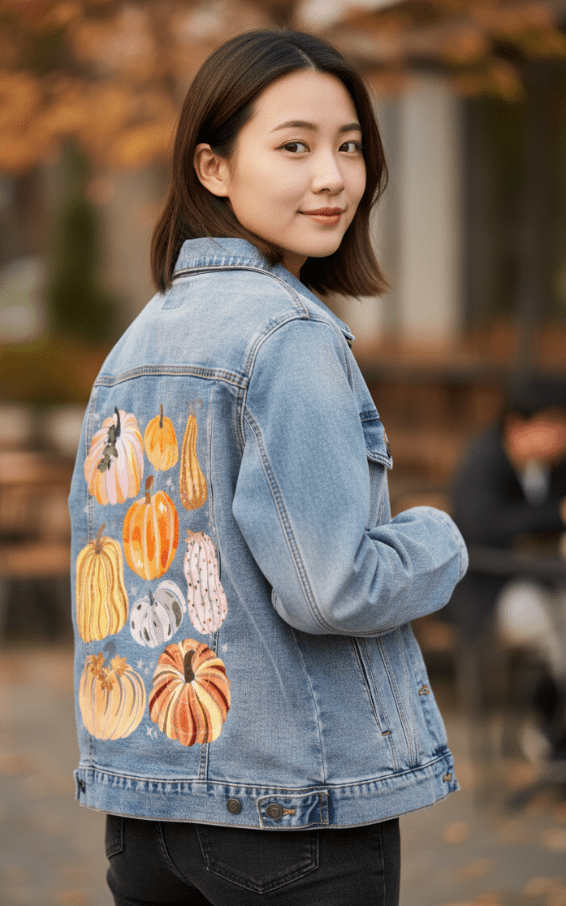 PUMPKINS GALORE by thearticsoul, printed on denim jackets and other denim products: tote bags, throw pillows, table place mats, aprons