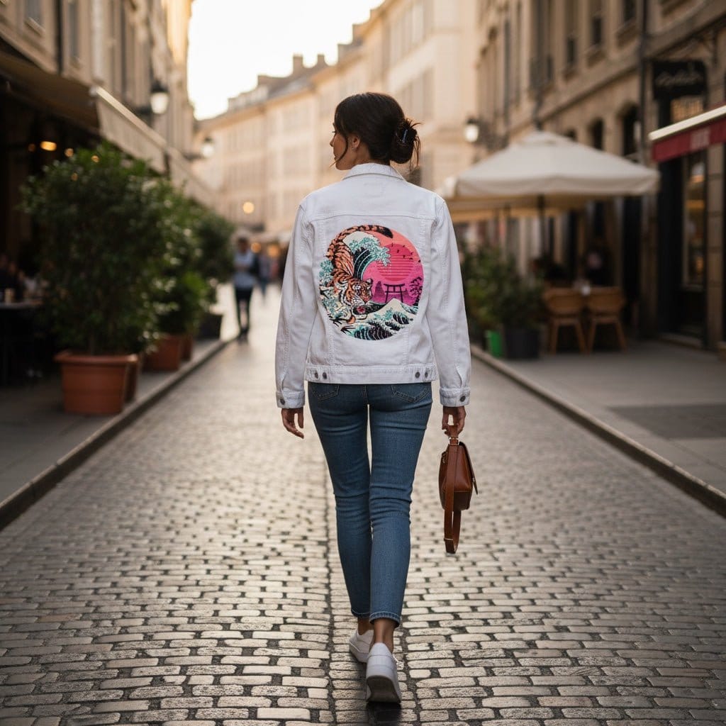 RAD TIGER WAVE by VINCENT TRINIDAD, digitally printed on DENIM products: throw pillows, aprons, table place mats, and hand-crafted Unisex Denim Jackets in 3 color choices