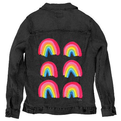 back view of a black denim jacket printed with the “Rainbow Collection” artwork by CatCoq. the design features six hand-painted rainbows arranged in two columns, each in saturated arcs of red, pink, yellow, green, blue & purple. the brushstroke texture creates a playful, bold aesthetic that pops brightly against the dark denim. printed by DenimINK.
