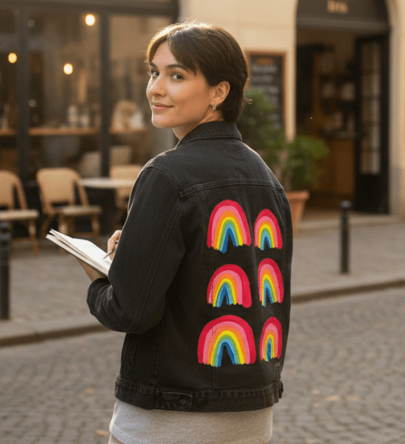 three-quarter rear view of a smiling model wearing a black denim jacket printed with the “Rainbow Collection” by CatCoq. the artwork features six colorful brush-painted rainbows centered on the back. the model holds an open note