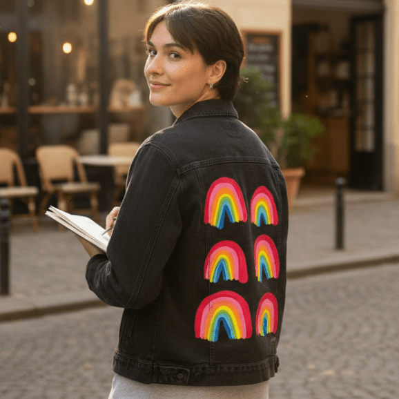 three-quarter rear view of a smiling model wearing a black denim jacket printed with the “Rainbow Collection” by CatCoq. the artwork features six colorful brush-painted rainbows centered on the back. the model holds an open note