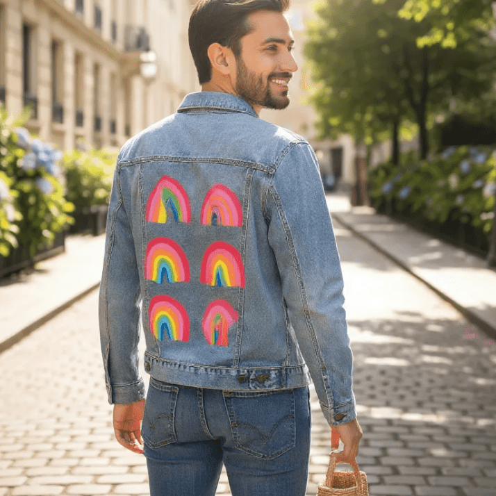 rear view of a smiling model wearing a stonewashed denim jacket with the “Rainbow Collection” by CatCoq printed on the back. the jacket features six colorful hand-painted rainbows with bold, brushy arcs. the model holds a small woven straw tote & walks along a European-style street with blooming planters in the background. printed by DenimINK.