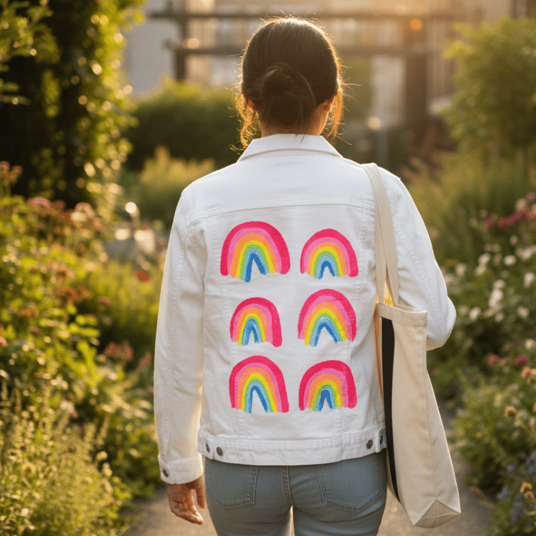 back view of a model walking through a lush urban garden path during golden hour, wearing a white denim jacket printed with the “Rainbow Collection” by CatCoq. the design features six rainbow arches in vibrant watercolor hues, centered vertically on the back panel. the model carries a canvas tote & wears light-wash jeans. printed by DenimINK.
