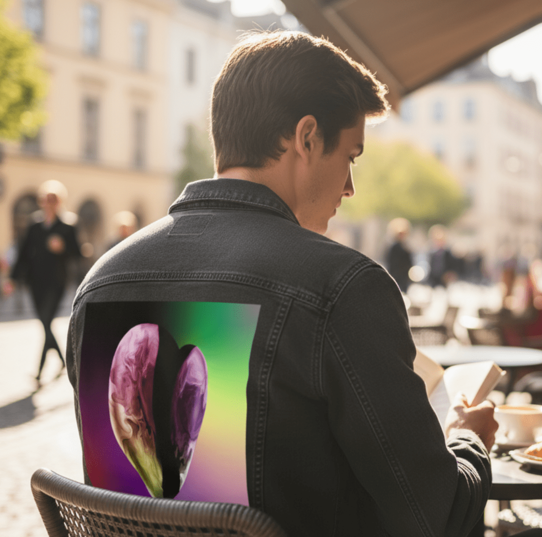 RAINBOW HEART by RaMir DESIGNS,printed by DenimINK on hand-crafted Denim Jackets and other denim products and other denim products: tote bags, throw pillows, table place mats, aprons