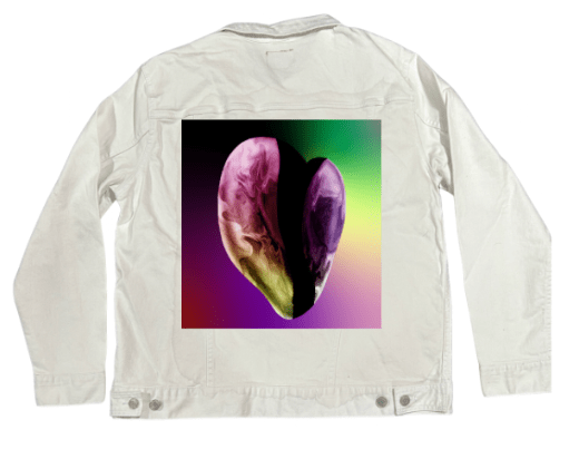 RAINBOW HEART by RaMir DESIGNS,printed by DenimINK on hand-crafted Denim Jackets and other denim products and other denim products: tote bags, throw pillows, table place mats, aprons