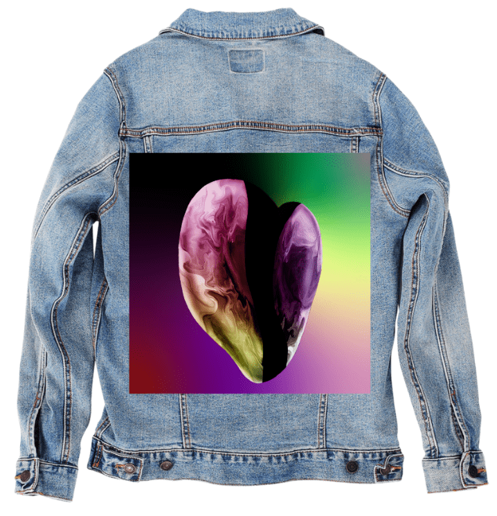 RAINBOW HEART by RaMir DESIGNS,printed by DenimINK on hand-crafted Denim Jackets and other denim products and other denim products: tote bags, throw pillows, table place mats, aprons