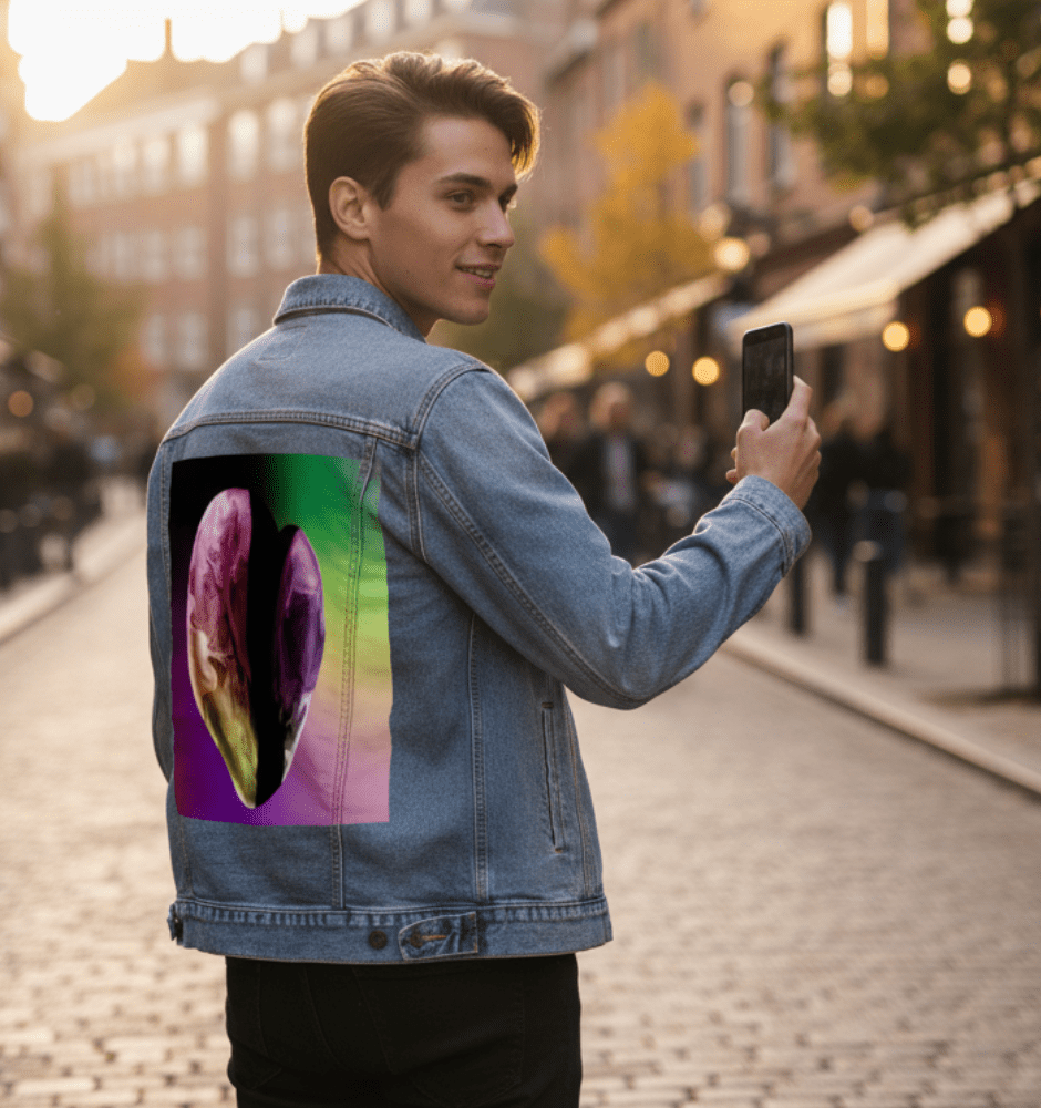 RAINBOW HEART by RaMir DESIGNS,printed by DenimINK on hand-crafted Denim Jackets and other denim products and other denim products: tote bags, throw pillows, table place mats, aprons