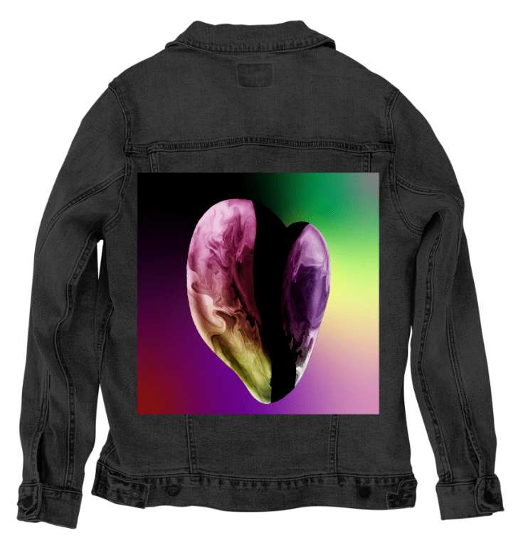 RAINBOW HEART by RaMir DESIGNS,printed by DenimINK on hand-crafted Denim Jackets and other denim products and other denim products: tote bags, throw pillows, table place mats, aprons