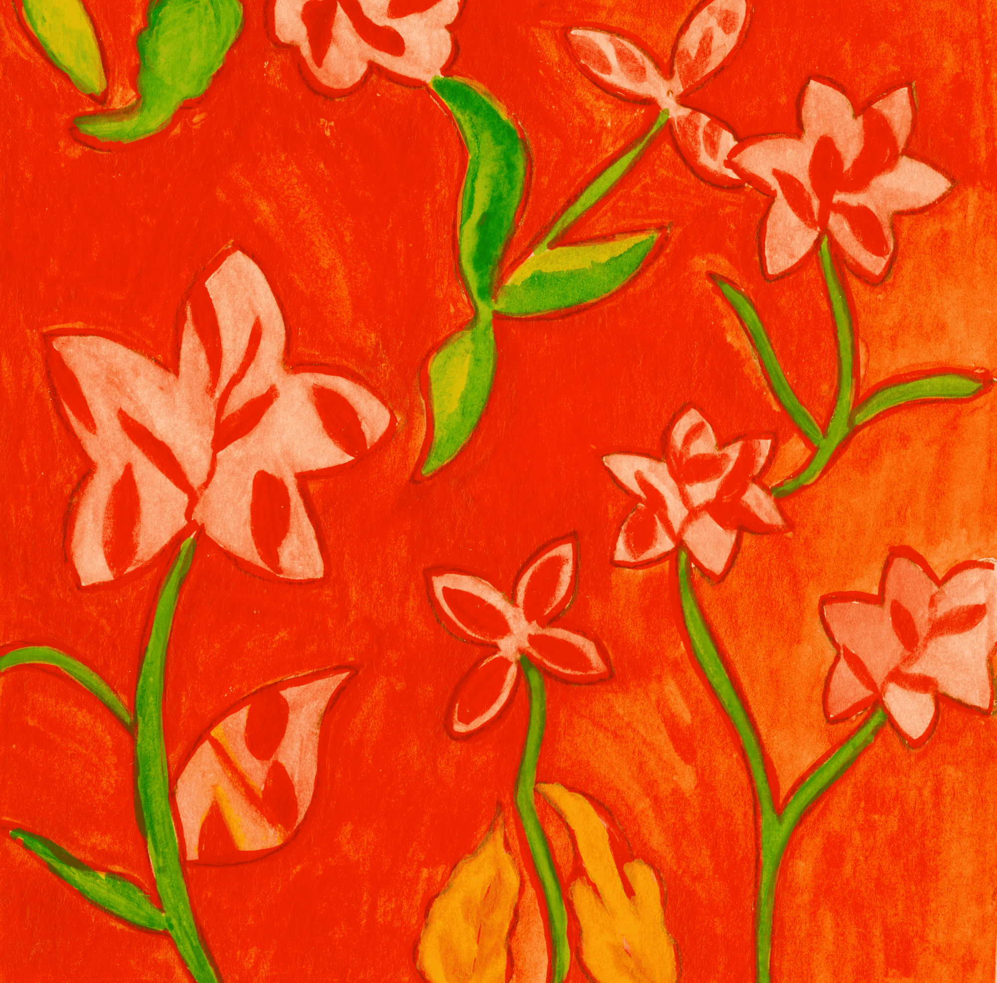 illustration of stylized cream-and-rust colored flowers with bright green stems and leaves set against a textured rusty orange background. loose painterly strokes and warm tones fill the floral composition. this artwork is titled “Rusty Flowers” and created by Canvas & Quotations (Monika Chugh and Alka Chopra)