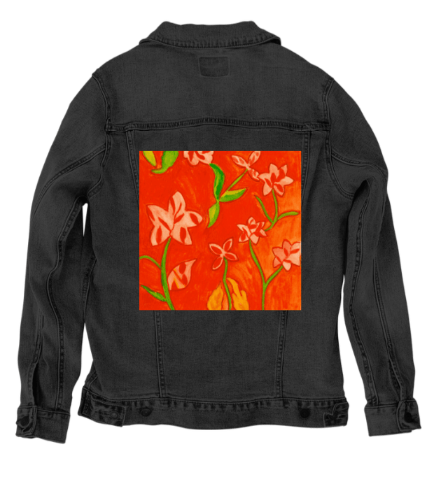 RUSTY FLOWERS by CANVAS and QUOTATIONS, digitally printed on DENIM products: throw pillows, aprons, table place mats, and hand - crafted Unisex Denim Jackets in 3 color choices custom denim jacket by DenimINK