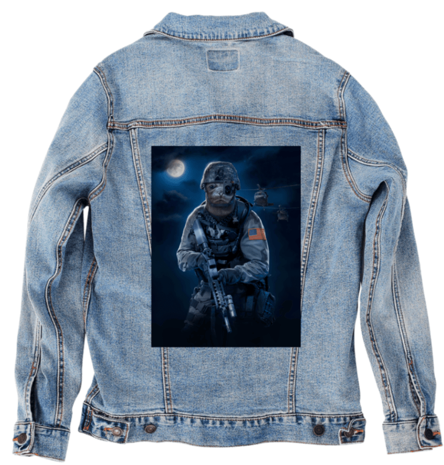 S.E.A.L. by VINCENT HIE, printed on denim jackets and other denim products: tote bags, throw pillows, table place mats, aprons