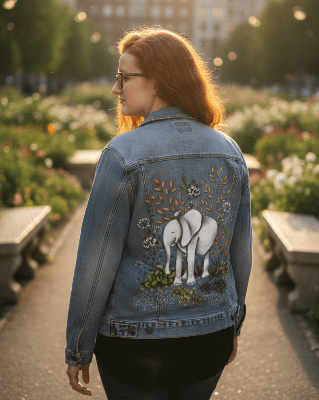 back view of a model standing in a lush rose garden just before sunset, wearing a stonewashed denim jacket with a printed illustration of a gentle white elephant walking through layered greenery, star-shaped wildflowers, & waving ochre leaves. warm, fading light deepens the vintage tones. the artwork “Safari Elephant” by Cecilia Battaini is digitally printed on the jacket’s back panel by DenimINK.