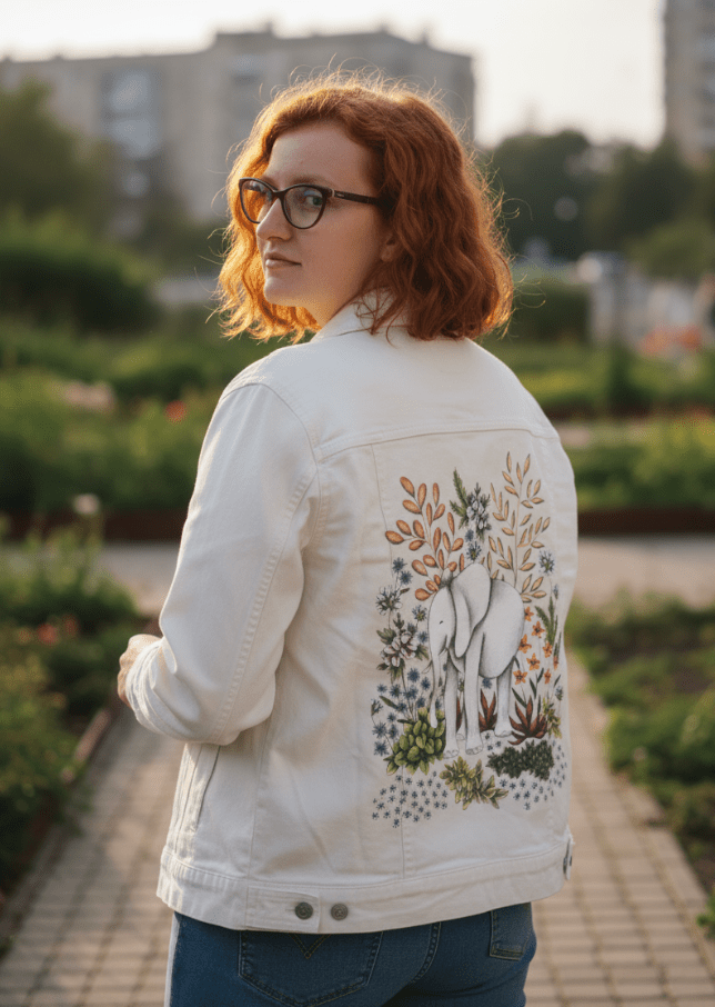 back view of a model walking a paved garden path at golden hour, wearing a white denim jacket featuring a delicate safari illustration of a white elephant standing amidst layered wildflowers, tall golden grasses, & botanical succulents. sunlight catches the soft pencil textures, warming the orange, sage, & lavender tones. the artwork “Safari Elephant” by Cecilia Battaini is digitally printed on the jacket’s back panel by DenimINK.