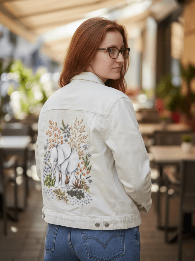 back view of a model standing in a softly lit café space wearing a white denim jacket that displays a peaceful white elephant in a hand-drawn forest of wild grasses, dried foliage, & blooming flowers. delicate strokes & muted tones give the piece an illustrated storybook feel. the artwork “Safari Elephant” by Cecilia Battaini is digitally printed on the jacket’s back panel by DenimINK.