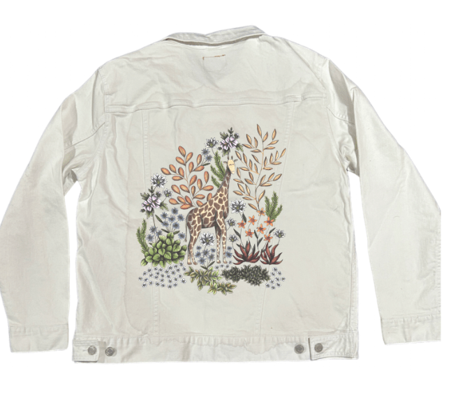 SAFARI GIRAFFE by CECILIA BATTAINI, printed on denim jackets and other denim products: tote bags, throw pillows, table place mats, aprons