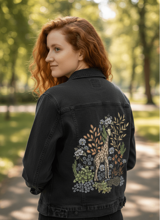 SAFARI GIRAFFE by CECILIA BATTAINI, printed on denim jackets and other denim products: tote bags, throw pillows, table place mats, aprons