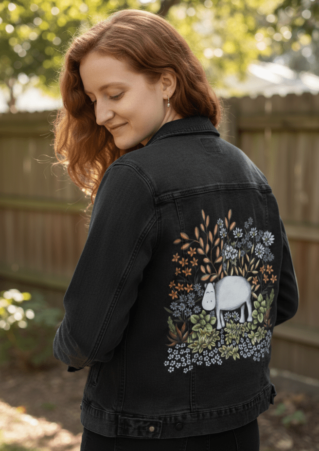 SAFARI HIPPO by CECILIA BATTAINI, printed on denim jackets and other denim products: tote bags, throw pillows, table place mats, aprons