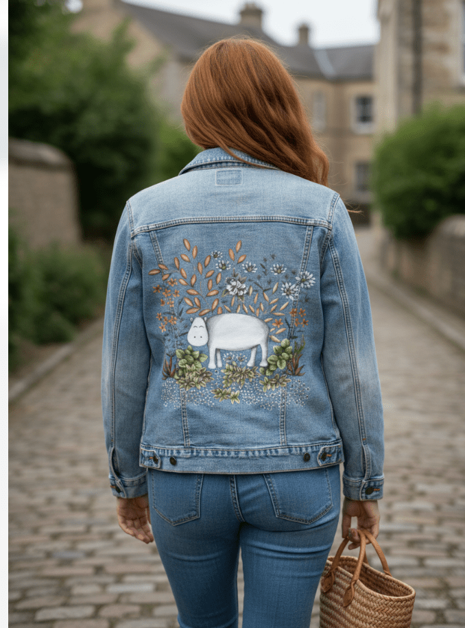 SAFARI HIPPO by CECILIA BATTAINI, printed on denim jackets and other denim products: tote bags, throw pillows, table place mats, aprons