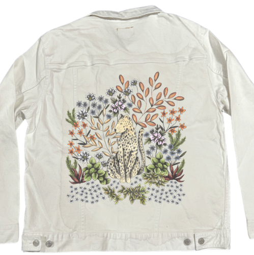 SAFARI LEOPARD by CECILIA BATTAINI, printed on denim jackets and other denim products: tote bags, throw pillows, table place mats, aprons