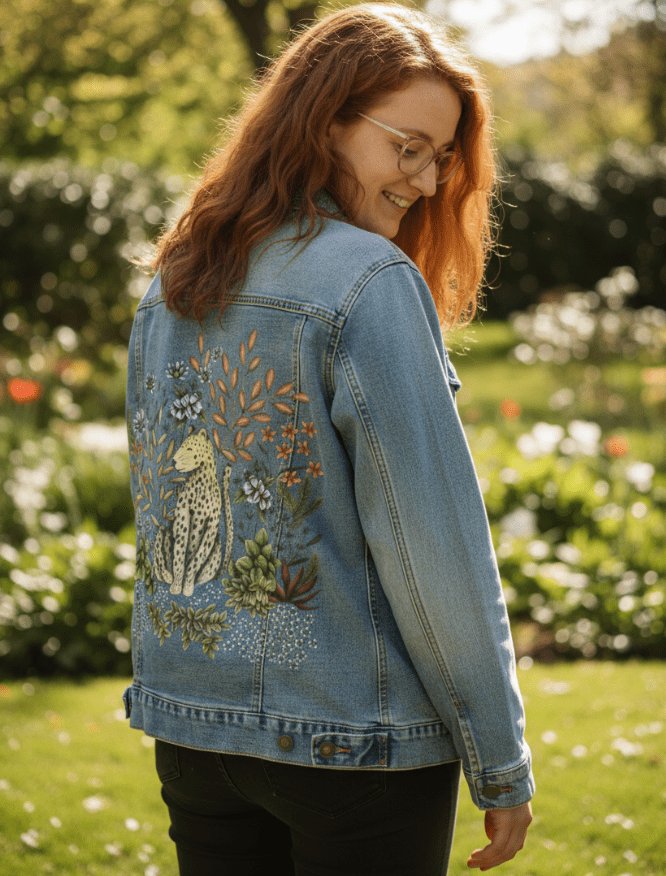 SAFARI LEOPARD by CECILIA BATTAINI, printed on denim jackets and other denim products: tote bags, throw pillows, table place mats, aprons