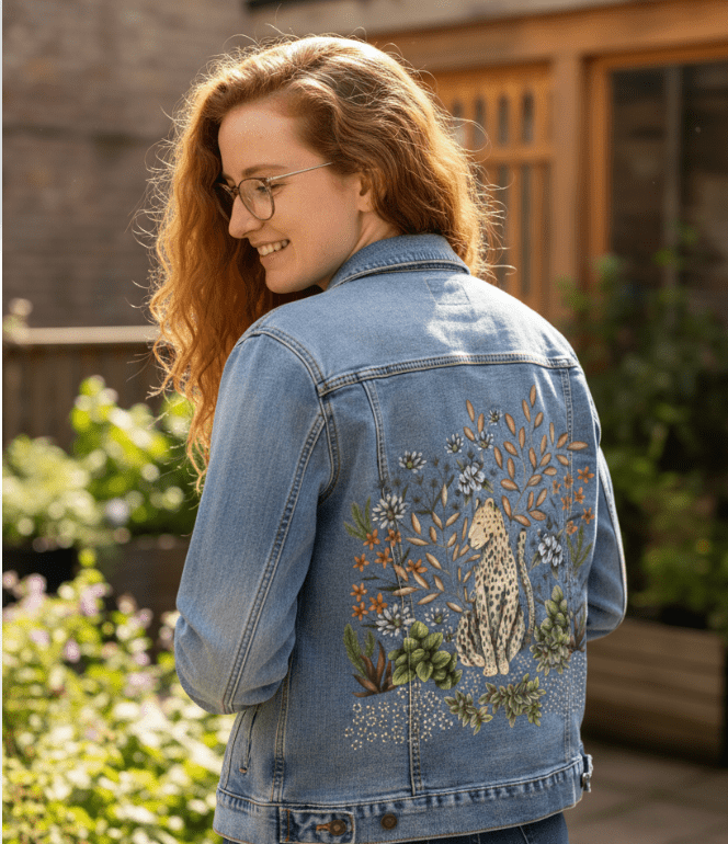 SAFARI LEOPARD by CECILIA BATTAINI, printed on denim jackets and other denim products: tote bags, throw pillows, table place mats, aprons