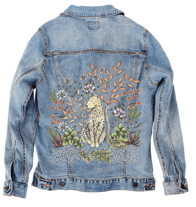 SAFARI LEOPARD by CECILIA BATTAINI, printed on denim jackets and other denim products: tote bags, throw pillows, table place mats, aprons