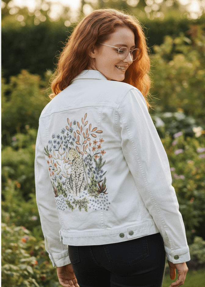 SAFARI LEOPARD by CECILIA BATTAINI, printed on denim jackets and other denim products: tote bags, throw pillows, table place mats, aprons