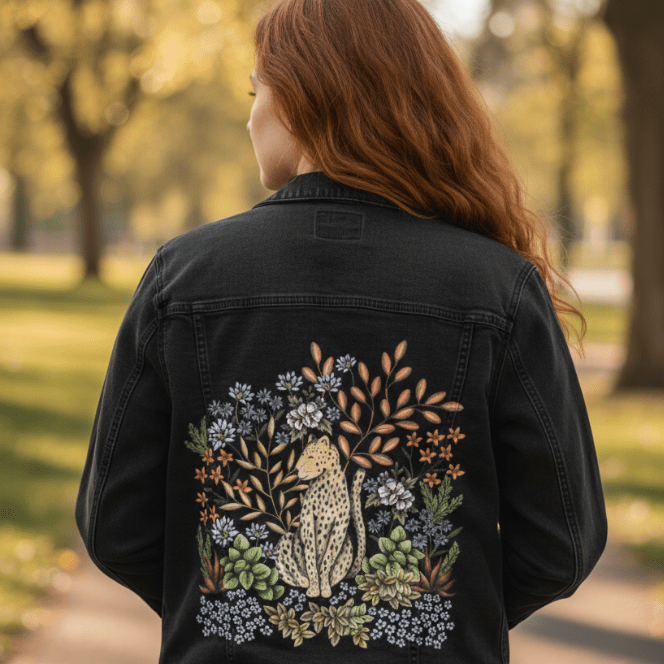 SAFARI LEOPARD by CECILIA BATTAINI, printed on denim jackets and other denim products: tote bags, throw pillows, table place mats, aprons