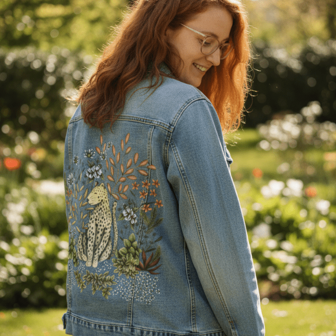 three-quarter rear view of a model in a flower-filled garden dotted with spring poppies & wild blooms, wearing a stonewashed denim jacket featuring a peaceful leopard surrounded by wildflowers, foliage, & jungle grasses. the soft morning sunlight bathes the fabric & printed artwork in golden warmth, enhancing the delicate textures of minty succulents, creamy petals, and earthy leaf tones. the artwork “Safari Leopard” by Cecilia Battaini is digitally