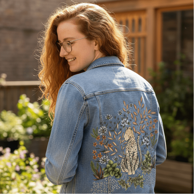three-quarter rear view of a model standing in a sunny rooftop garden, wearing a stonewashed denim jacket featuring a seated leopard surrounded by tropical greenery & pastel blooms. sunlight reflects off the faded blue denim, softening the palette of ivory flowers, coral leaves, & mossy green succulents that grow around the feline figure. the artwork “Safari Leopard” by Cecilia Battaini is digitally printed on the jacket’s back panel by DenimINK.