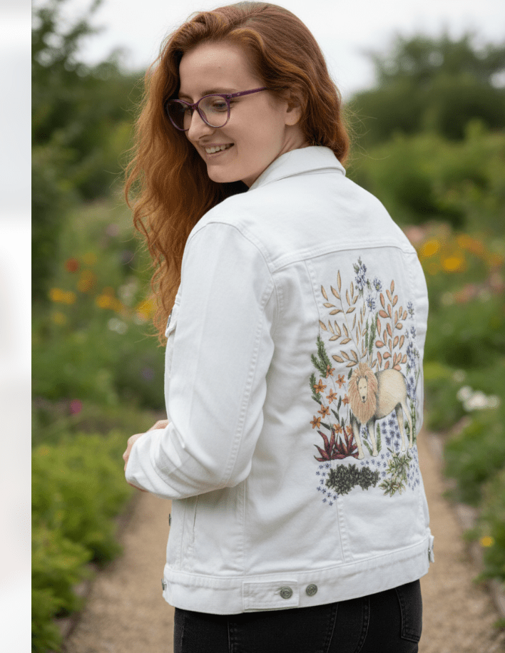 SAFARI LION by CECILIA BATTAINI, printed on denim jackets and other denim products: tote bags, throw pillows, table place mats, aprons