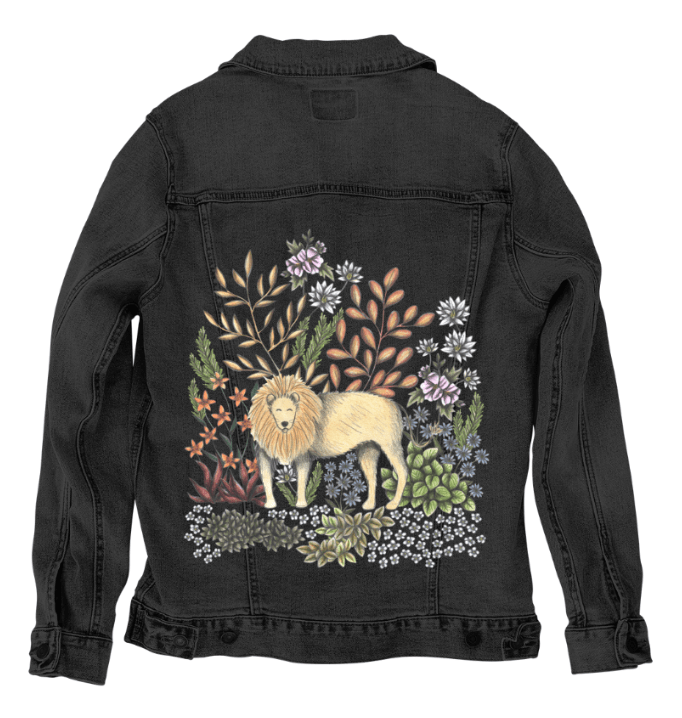 SAFARI LION by CECILIA BATTAINI, printed on denim jackets and other denim products: tote bags, throw pillows, table place mats, aprons