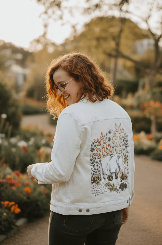 SAFARI RHINO by CECILIA BATTAINI, printed on denim jackets and other denim products: tote bags, throw pillows, table place mats, aprons