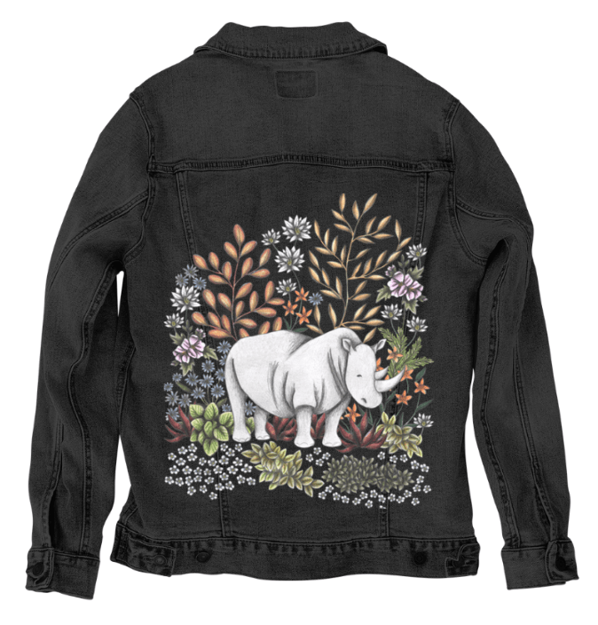 SAFARI RHINO by CECILIA BATTAINI, printed on denim jackets and other denim products: tote bags, throw pillows, table place mats, aprons