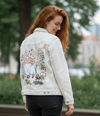 SAFARI RHINO by CECILIA BATTAINI, printed on denim jackets and other denim products: tote bags, throw pillows, table place mats, aprons