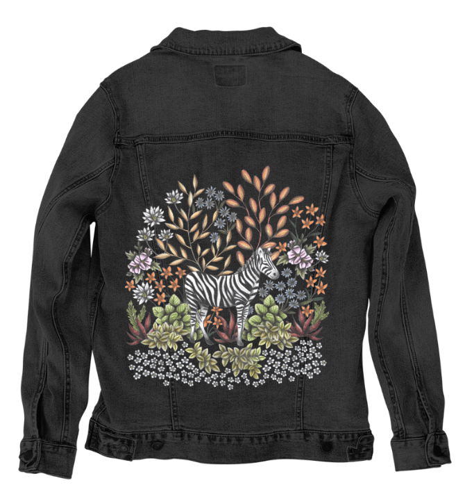 SAFARI ZEBRA by CECILIA BATTAINI, printed on denim jackets and other denim products: tote bags, throw pillows, table place mats, aprons