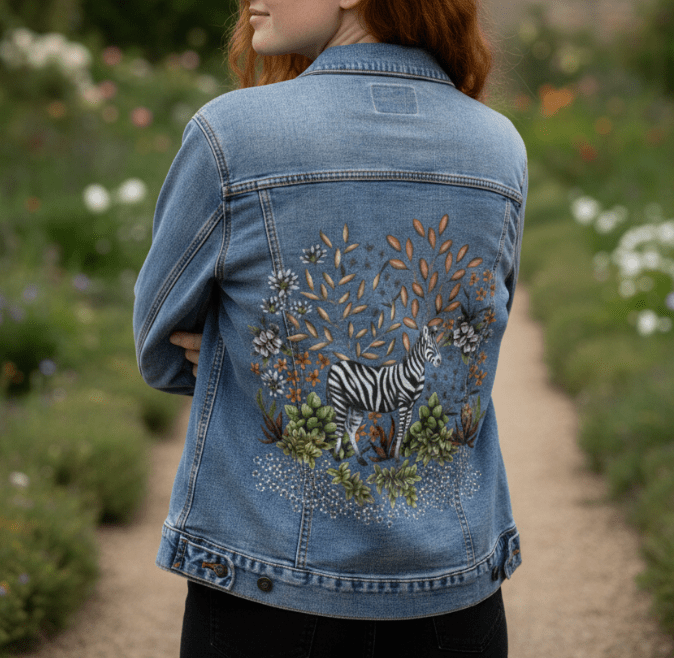 SAFARI ZEBRA by CECILIA BATTAINI, printed on denim jackets and other denim products: tote bags, throw pillows, table place mats, aprons