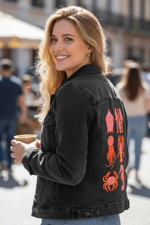 SEA ANIMALS by IndySign,printed by DenimINK on hand-crafted Denim Jackets and other denim products and other denim products: tote bags, throw pillows, table place mats, aprons