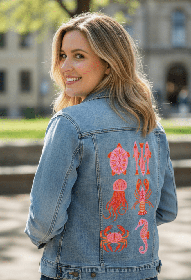 SEA ANIMALS by IndySign,printed by DenimINK on hand-crafted Denim Jackets and other denim products and other denim products: tote bags, throw pillows, table place mats, aprons