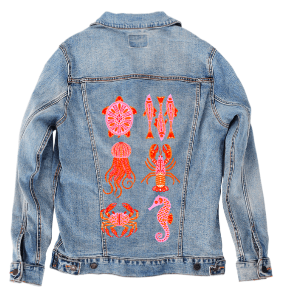 SEA ANIMALS by IndySign,printed by DenimINK on hand-crafted Denim Jackets and other denim products and other denim products: tote bags, throw pillows, table place mats, aprons