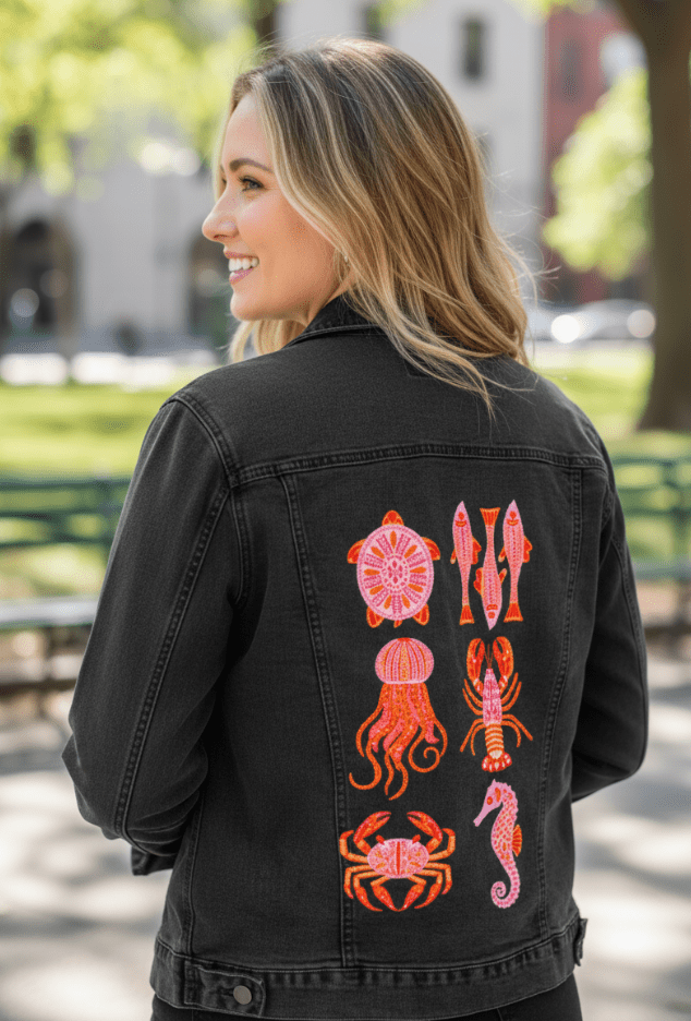 SEA ANIMALS by IndySign,printed by DenimINK on hand-crafted Denim Jackets and other denim products and other denim products: tote bags, throw pillows, table place mats, aprons